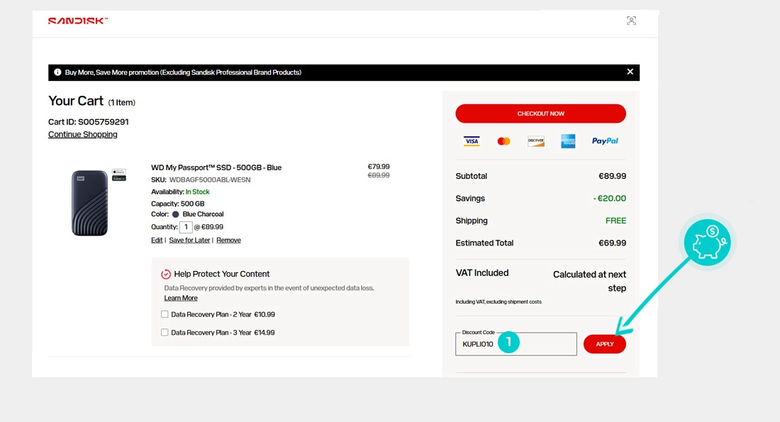 Navodila za uporabo kode za popust v spletni košarici za Sandisk