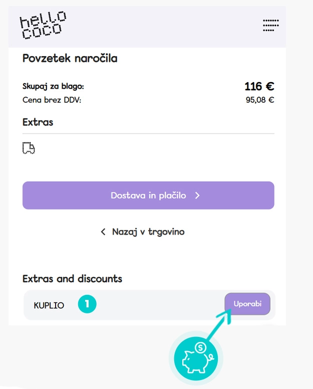 Navodila za uporabo kode za popust v spletni košarici za hello coco