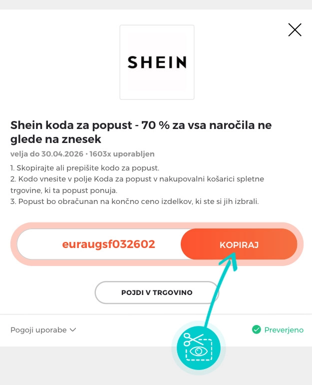Navodila kako kopirati kodo za popust za Shein
