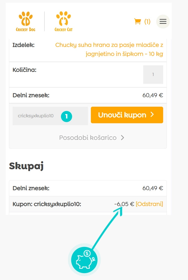 Navodila za uporabo kode za popust v spletni košarici za CricksyDog